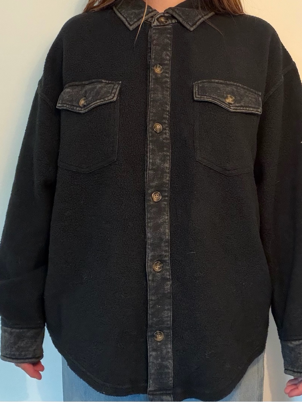 BONGO Black Oversized Teddy Shacket with Contrast Trim - Picture 2 of 5